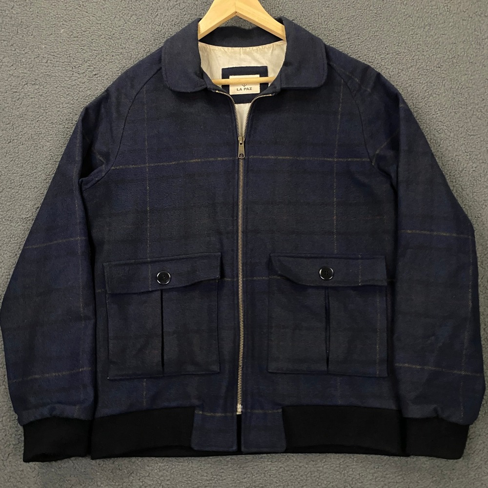 La Paz Bomber Jacket Mens Small Blue Plaid Wool Blend Tweed Portugal